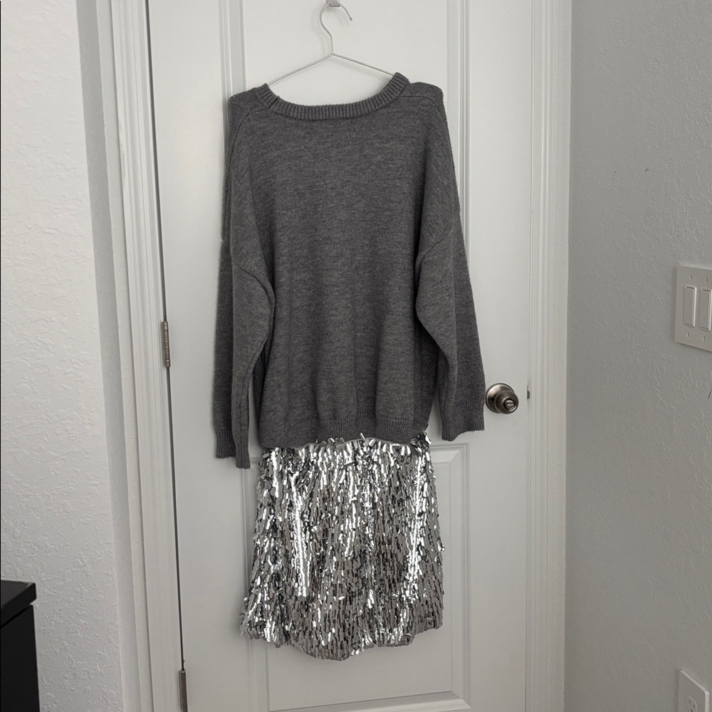 NWT Anthropologie Glamorous Gray Sweater Dress with  Silver Sequin Midi  Skirt